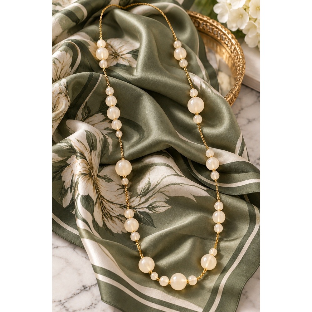 J.Crew Gold Tone Translucent Cream Glass Beaded Long Station Necklace Signed